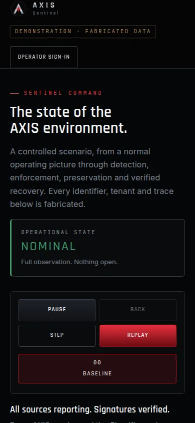 AXIS Sentinel: Sentinel Command public demonstration, phone width, captured 11 October 2026