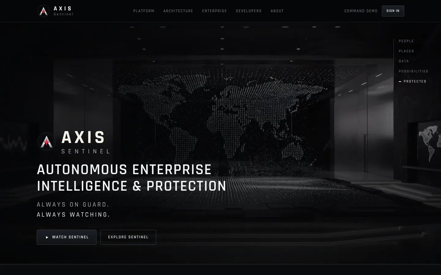 AXIS Sentinel: Public website, home page, desktop width, captured 11 October 2026