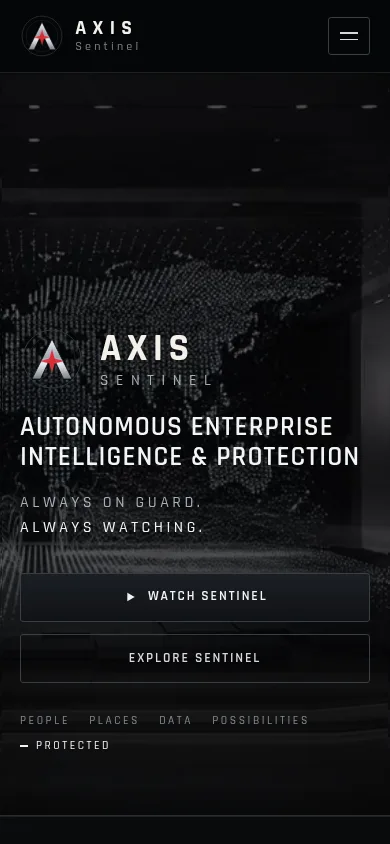 AXIS Sentinel: Public website, home page, phone width, captured 11 October 2026