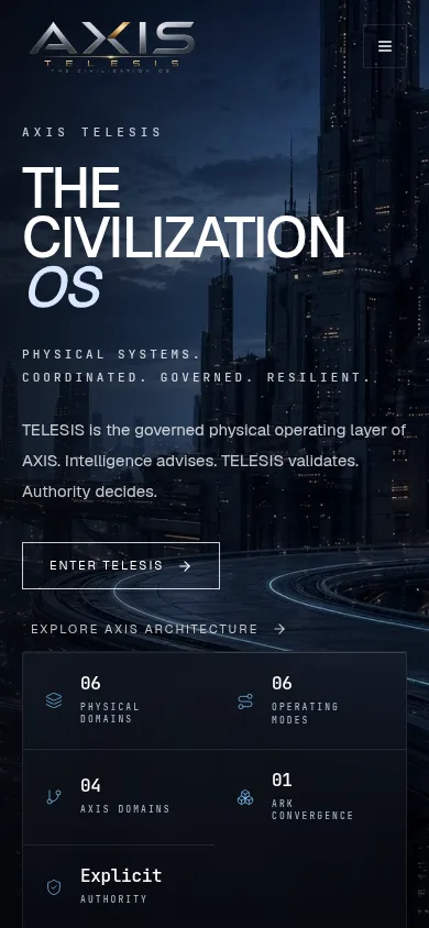 AXIS Telesis: Public website, home page, phone width, captured 11 October 2026